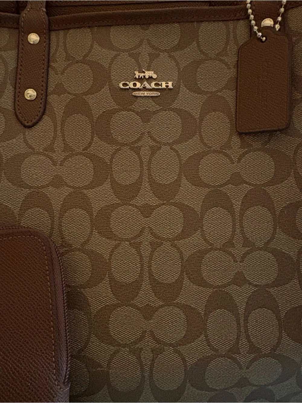 Coach Reversible City Tote in Signature Canvas Khaki Saddle Brown with pouch